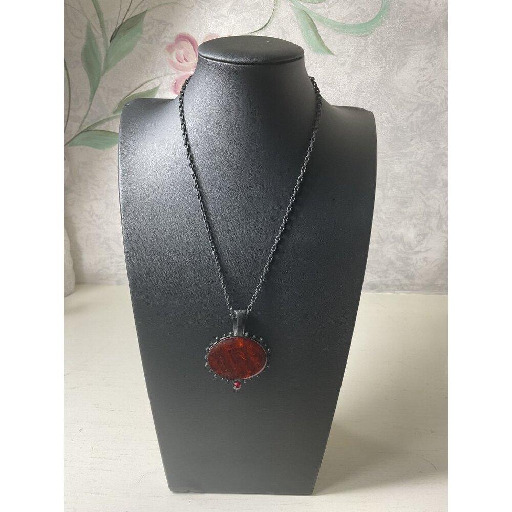 Vintage Chicos Oval Pendant Necklace With Red Resin Stone &amp; Black Chain